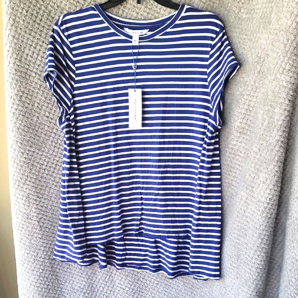 POPSUGAR Blue and White Boxy Short Sleeve T-Shirt